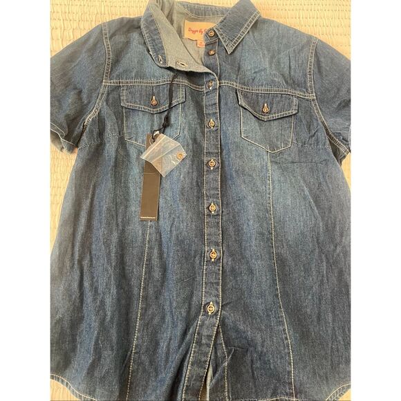 Design by Olivia Women's Cap Sleeve Button Down Denim Chambray Shirt NEEW NWt - Picture 6 of 9